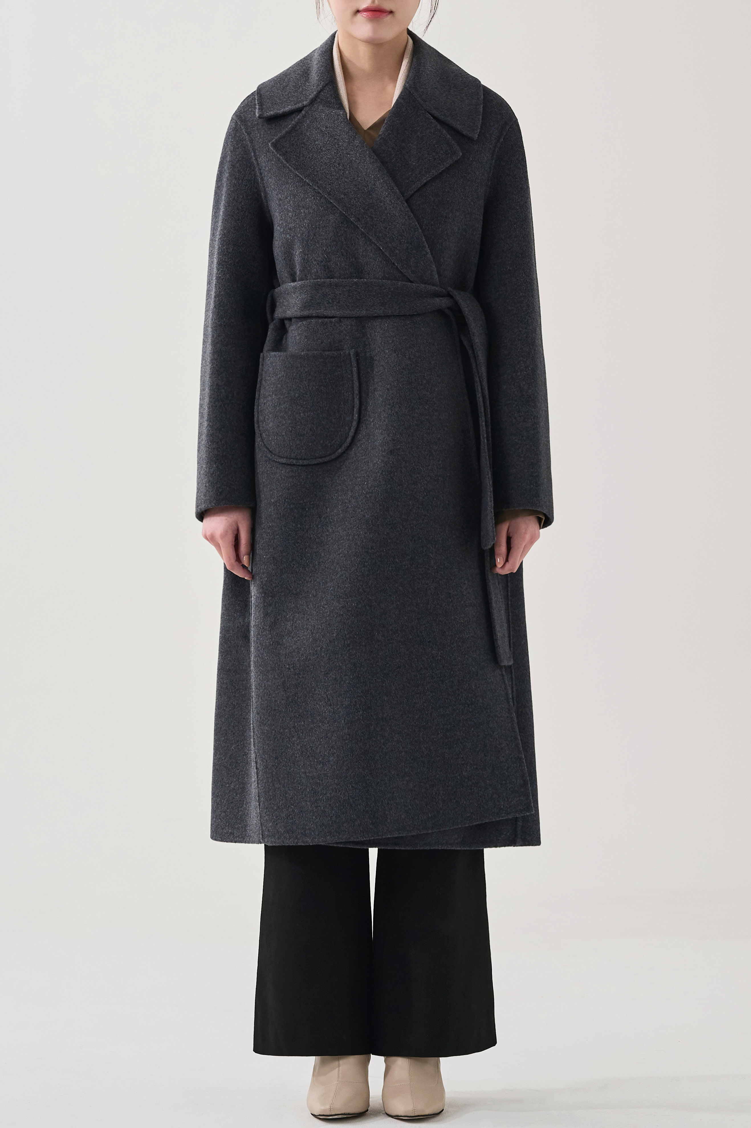 BELTED DOUBLE-FACED WOOL COAT-charcoal, 혜영킴, HYEYEONG KIM designer brand
