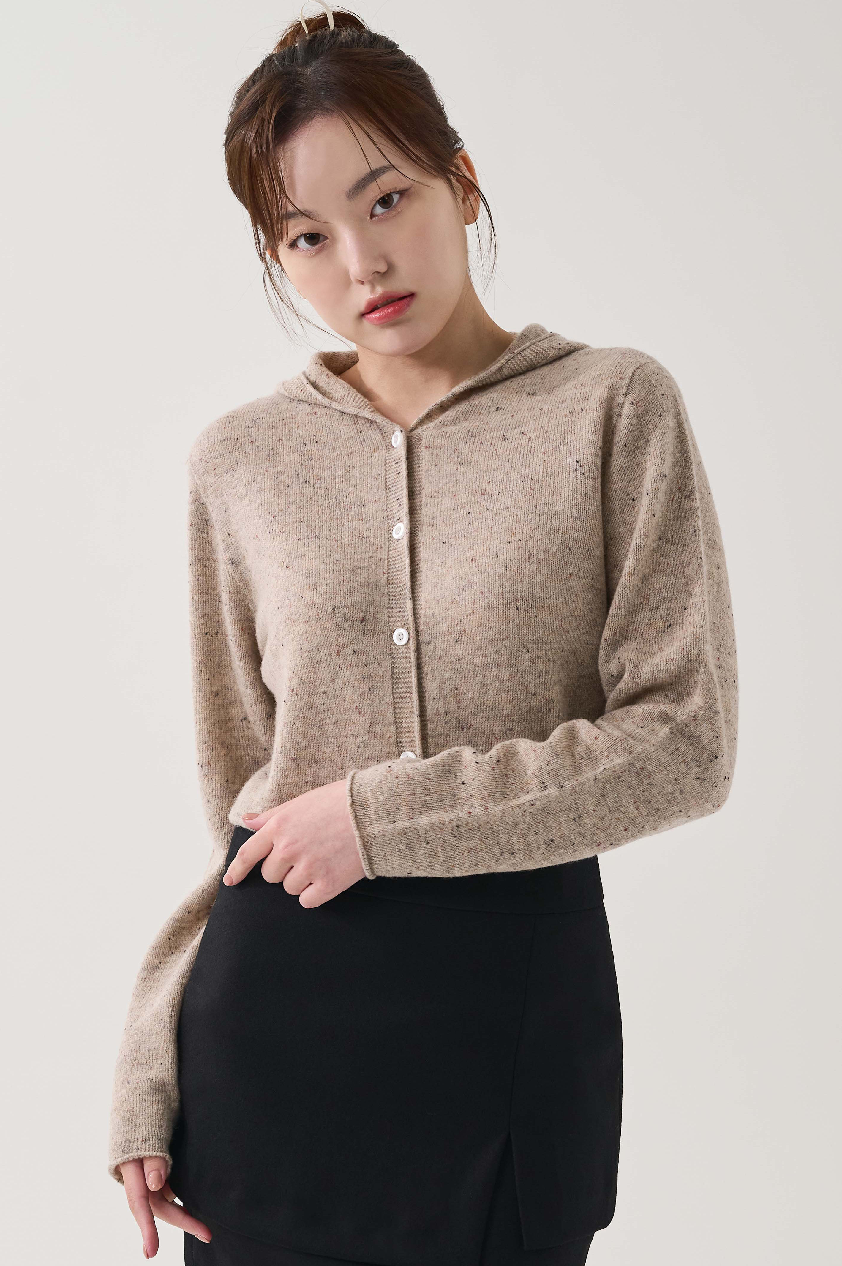 WOOL HOOD KNITTED CARDIGAN-light brown, 혜영킴, HYEYEONG KIM designer brand
